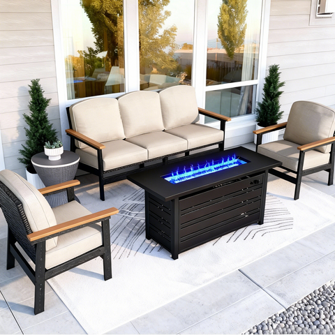 5-Seater Wicker Rattan & HDPE Outdoor Conversation Sofa Set with Coffee Table