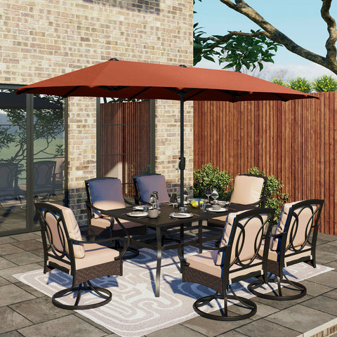 Luxurious Thick-Cushion Rattan-steel Swivel Chairs 7-Pcs Patio Dining Set