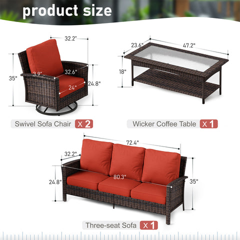 5 Seats Wicker Patio Conversation Sofa Set with Swivel Chairs