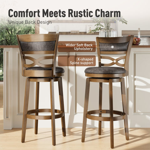 PHI VILLA Rustic Wood Bar Stool with Unique X-Shaped Upholstered Back for Kitchen