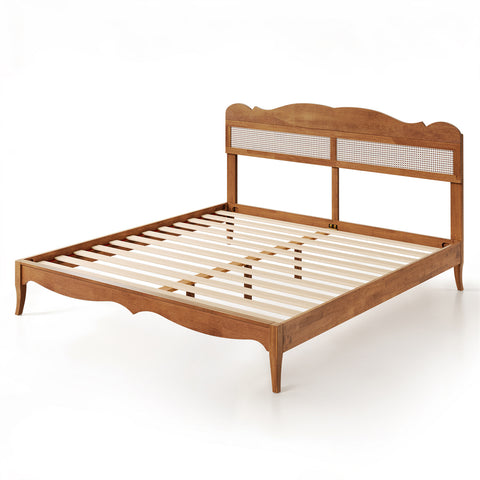 Classic Wooden Bed Frame with Rattan Headboard