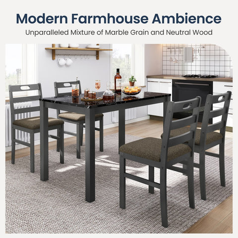 5-Piece Modern Farmhouse Dining Set with Faux Marble Tabletop & Rubber Wood Chairs