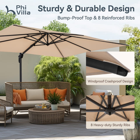 Extra Large Patio Cantilever Umbrella with 7 Tilt & 360° Rotation for Garden and Pool