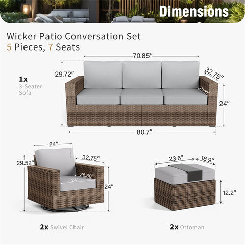 Luxury 5 Seats Wicker Patio Conversation Sofa Set with Swivel Chairs