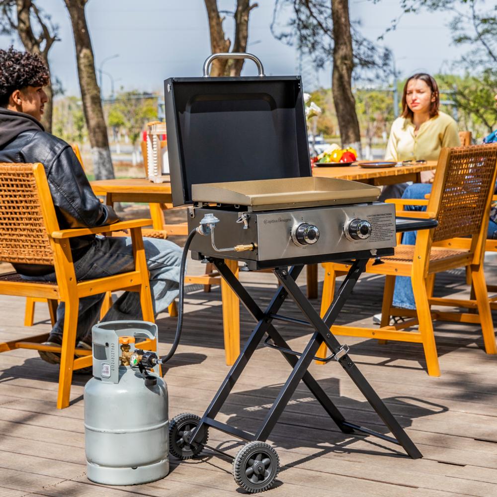  2-in-1 Portable Gas Griddle with Foldable Cart for Camping & Backyard