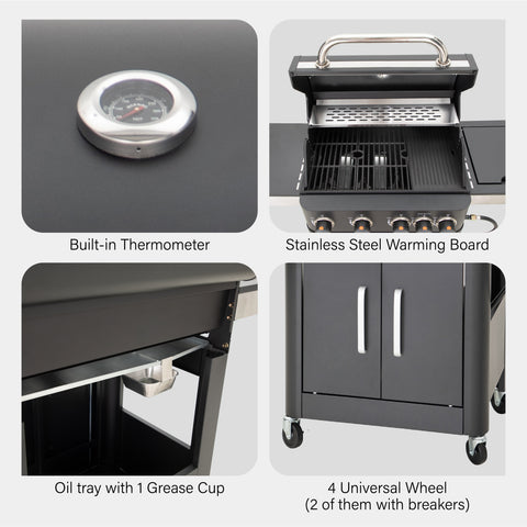 4-Burner Outdoor Propane Gas BBQ Grill with Side Burner