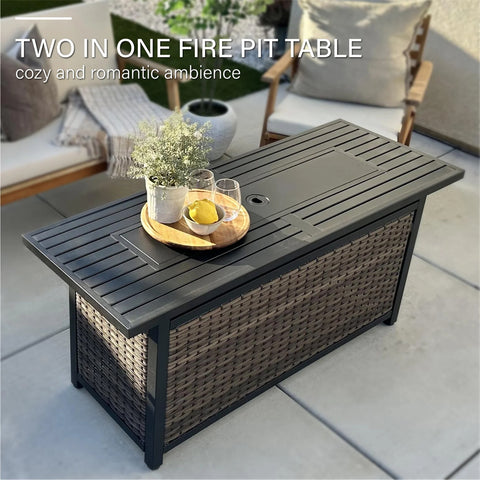 5-Seater Rattan-steel Luxurious Outdoor Sofa Set with 56" Fire Pit Table