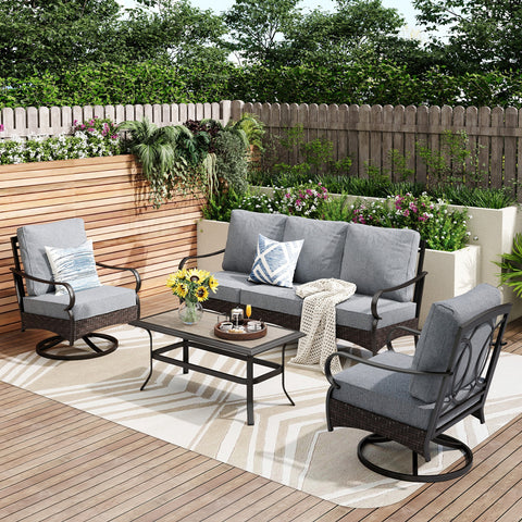 5-Seat Thick Cushion Steel-Rattan Patio Conversation Sofa Set with Coffee Table