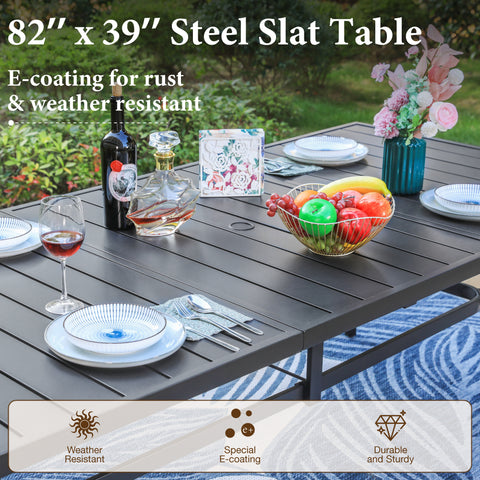 83" Steel Outdoor Patio Dining Table with Umbrella Hole for 8 People