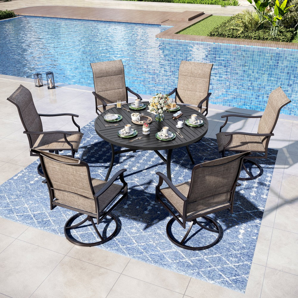 5/7-Piece Outdoor Patio Dining Set with Round Table and High Back Textilene Swivel Chair