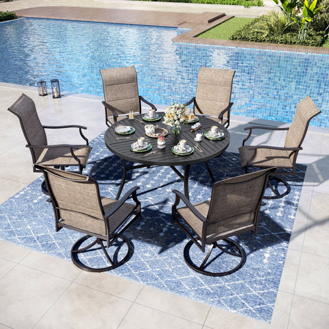 5/7-Piece Outdoor Patio Dining Set with Round Table and High Back Textilene Swivel Chair