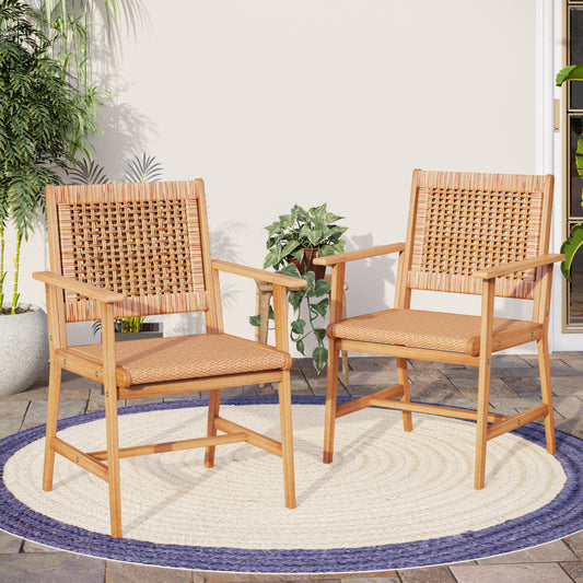 Rattan and Acacia Wood Outdoor Dining Chairs