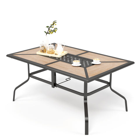 Geometric Wood-look Patio Dining Table with Umbrella Hole