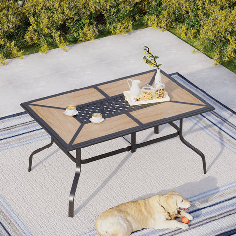 Geometric Wood-look Patio Dining Table with Umbrella Hole