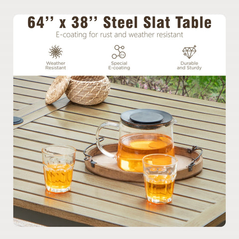 7-Piece Farmhouse Style Wood Grain Table & Rattan-steel Cushion Swivel Chairs Patio Dining Set