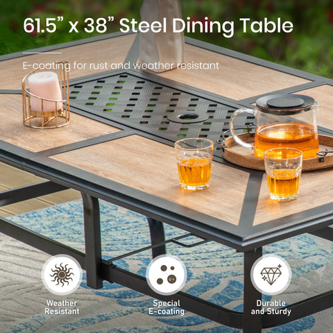 Geometric Wood-look Patio Dining Table with Umbrella Hole