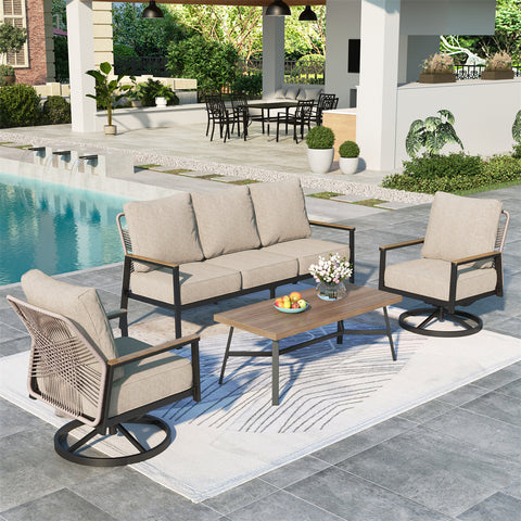 5-Seat Outdoor Patio Sofa Set With Iron-Woven Rattan Backrest and Coffee Table