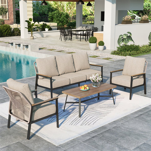 5-Seat Outdoor Patio Sofa Set With Iron-Woven Rattan Backrest and Coffee Table