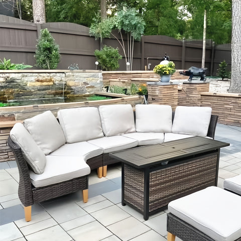 7-Seat Luxurious Half-moon Rattan Sofa with 56" Rattan Fire Pit Table