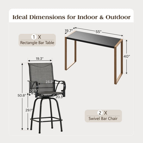 3-Piece Outdoor Bar Set-Sea Stone Table & Gray/Aqua Textilene Swivel Stools