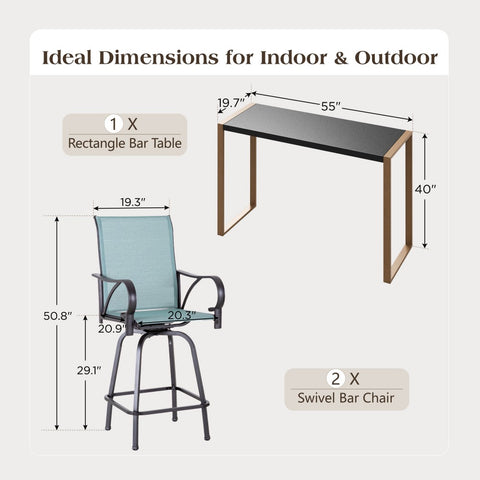 3-Piece Outdoor Bar Set-Sea Stone Table & Gray/Aqua Textilene Swivel Stools