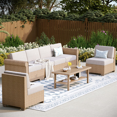 Outdoor Rattan Sofa Set with T-Shaped Sponge Cushion and Coffee Table