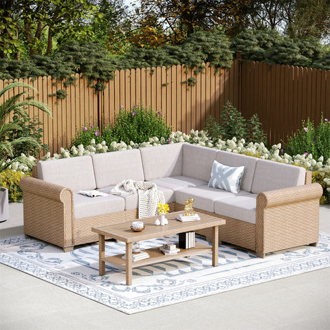 Outdoor Rattan Sofa Set with T-Shaped Sponge Cushion and Coffee Table