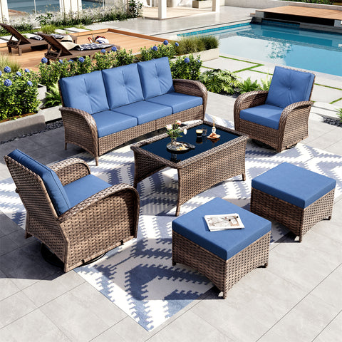 5 Seats Wicker Outdoor Conversation Sofa Set with Swivel Glider & 2 Ottomans