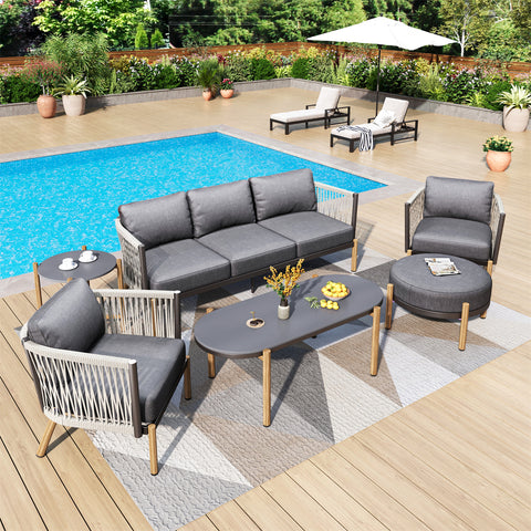 5 Seats Rope Weaving Patio Conversation Sofa Set with Coffee Table, End Table & Ottoman
