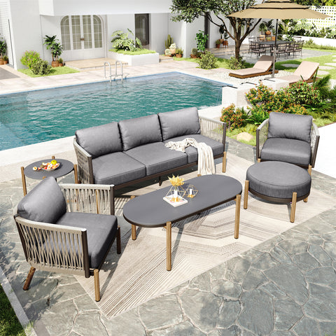 5 Seats Rope Weaving Patio Conversation Sofa Set with Coffee Table, End Table & Ottoman