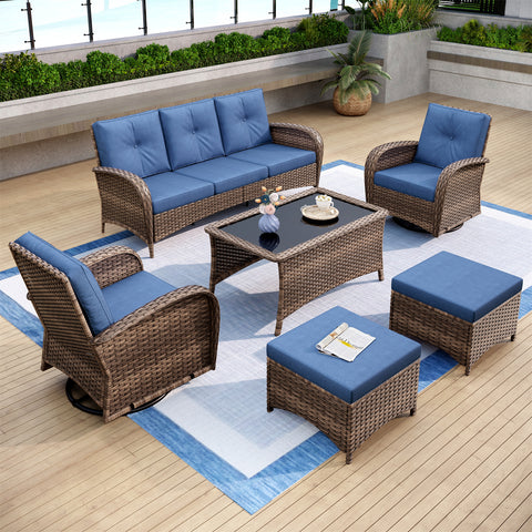 5 Seats Wicker Outdoor Conversation Sofa Set with Swivel Glider & 2 Ottomans