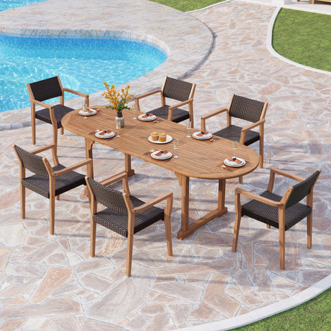 7/9 Piece Outdoor Acacia Wood Dining Set with Extendable Table and Rattan Chairs