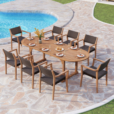 7/9 Piece Outdoor Acacia Wood Dining Set with Extendable Table and Rattan Chairs