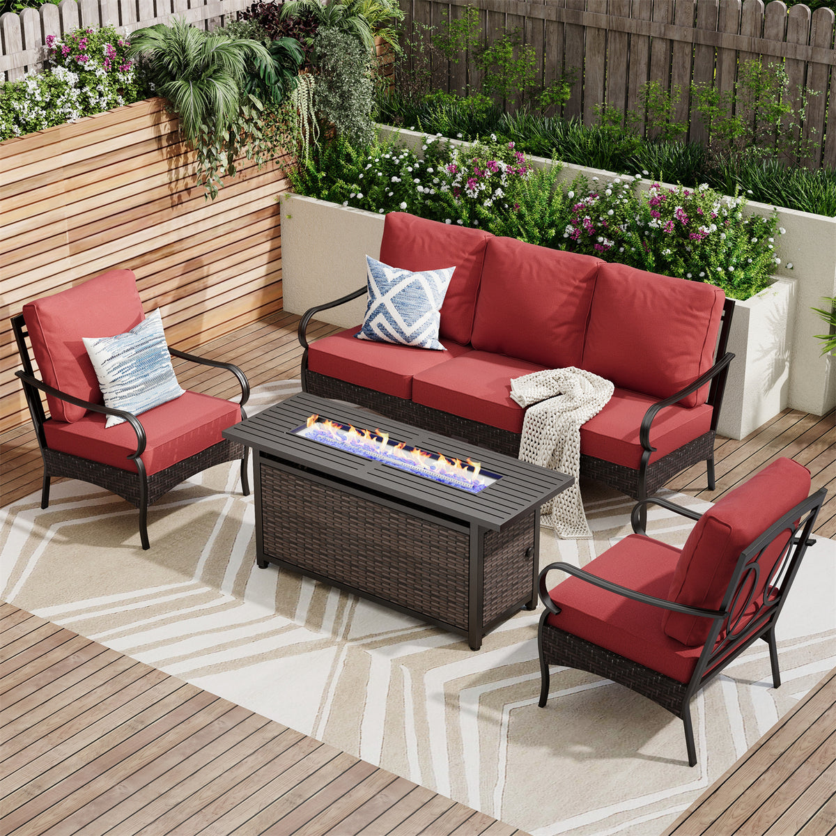 5-Seater Rattan-steel Luxurious Outdoor Sofa Set with 56" Fire Pit Table