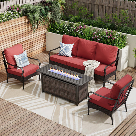5-Seater Rattan-steel Luxurious Outdoor Sofa Set with 56" Fire Pit Table