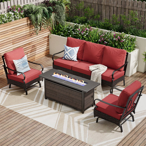 5-Seater Rattan-steel Luxurious Outdoor Sofa Set with 56" Fire Pit Table
