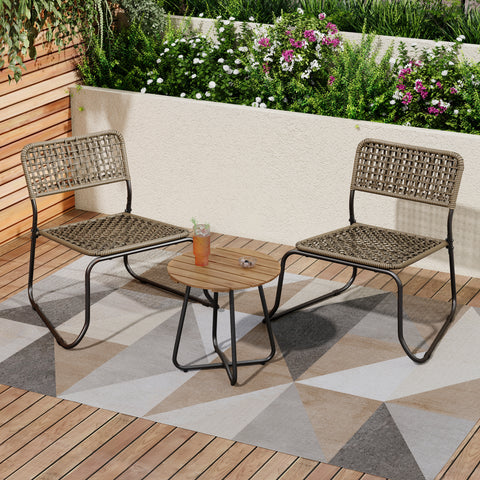 3-Piece Stackable Outdoor Rattan Patio Bistro Set with Solid Acacia Table