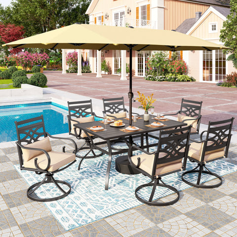 8-Piece 13ft Umbrella Patio Dining Set with Elegant Cast Iron Pattern Swivel Chairs