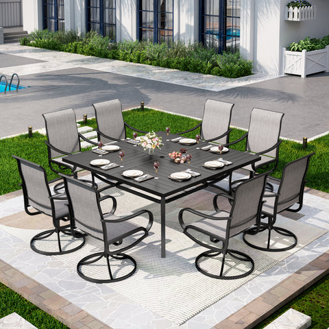 9-Piece Set Extra Large Square Table & Textilene Swivel Chairs