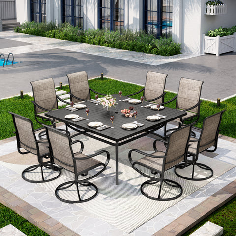 9-Piece Set Extra Large Square Table & Textilene Swivel Chairs