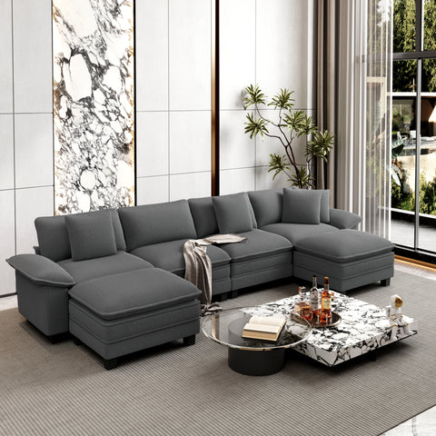Corduroy Sectional Cloud Sofa with Removable Arms and Ottomans for Living Room