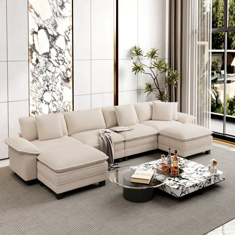 Corduroy Sectional Cloud Sofa with Removable Arms and Ottomans for Living Room