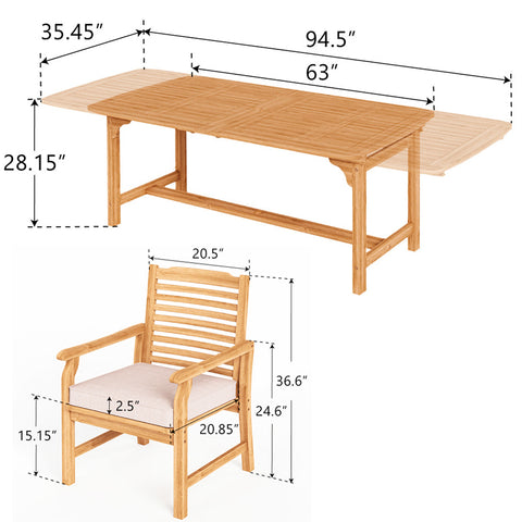 Acacia Wood Patio Furniture Set Adjustable Table & Fixed Chairs