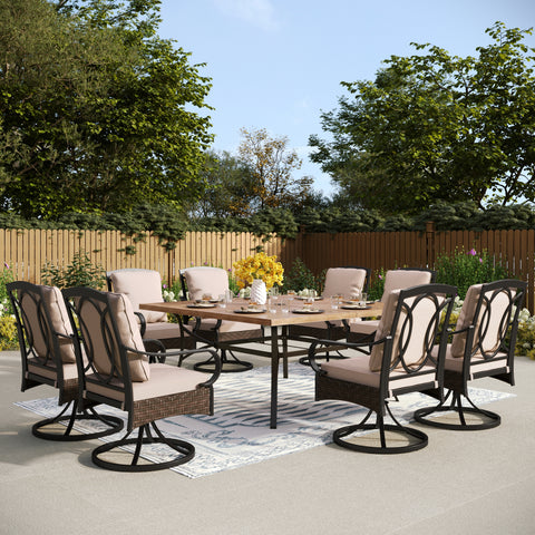9-Piece Large Wood-grain Square Table & Rattan-Steel Cushioned Chairs