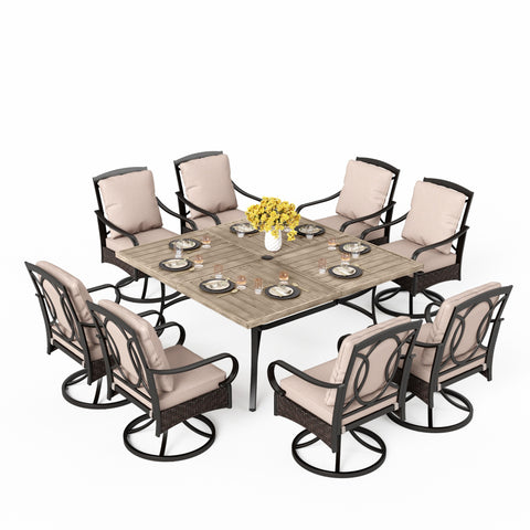 9-Piece Large Wood-grain Square Table & Rattan-Steel Cushioned Chairs