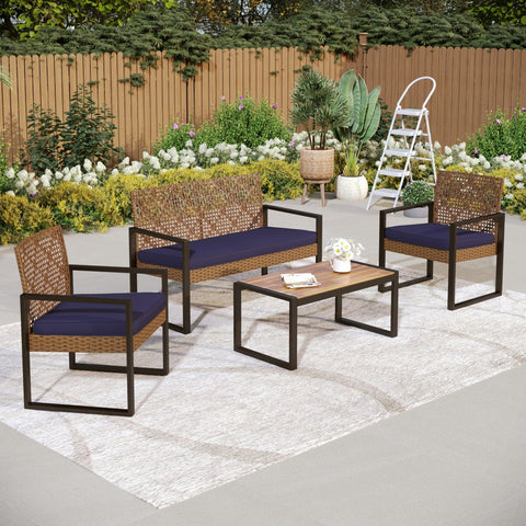 4-Piece Contemporary Rattan-wood Patio Conversation Set
