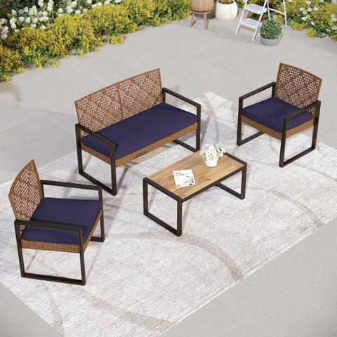 4-Piece Contemporary Rattan-wood Patio Conversation Set
