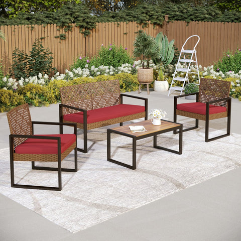4-Piece Contemporary Rattan-wood Patio Conversation Set