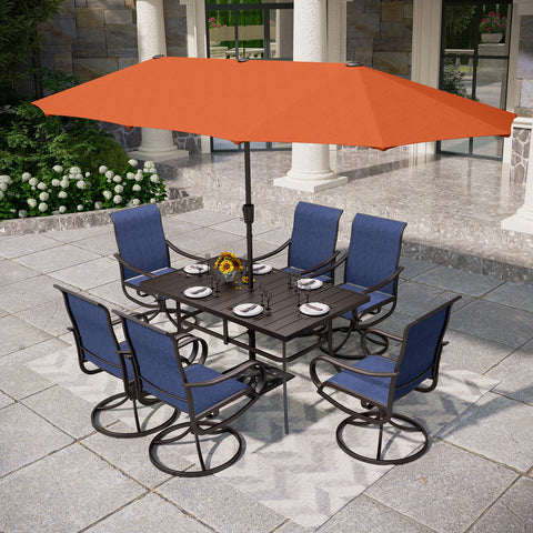 8-Piece 13ft Umbrella Patio Dining Set with Denim Blue / Grey Textilene Swivel Chair