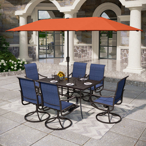 8-Piece 13ft Umbrella Patio Dining Set with Denim Blue / Grey Textilene Swivel Chair